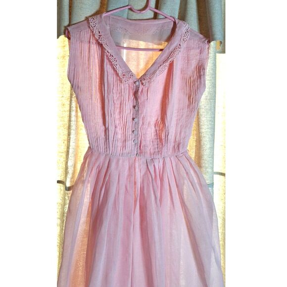 R&K Original 50s Pale Pink Sheer Gauze Cotton Chelsea Collar Pearl Button Smock - Picture 3 of 12
